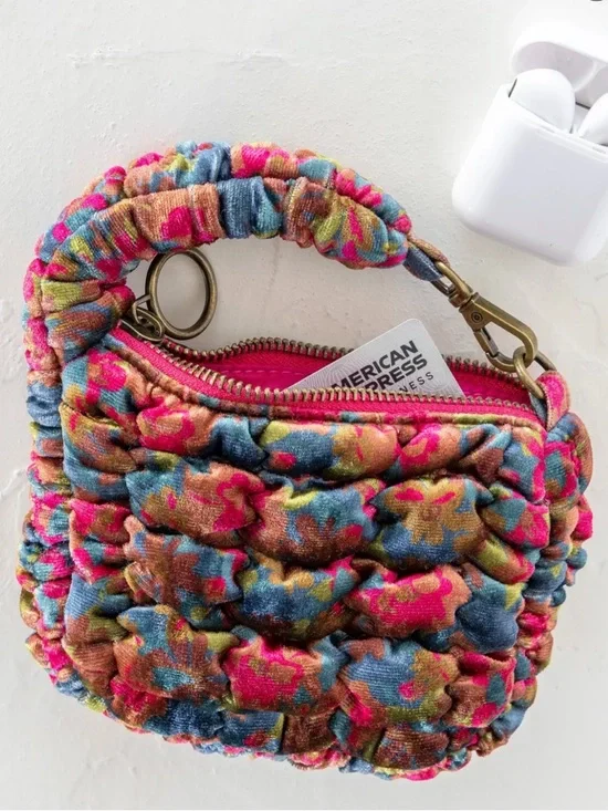 NWT Natural Life Puffy Velvet Mini Pouch - Teal/Pink Floral - Picture 4 of 6